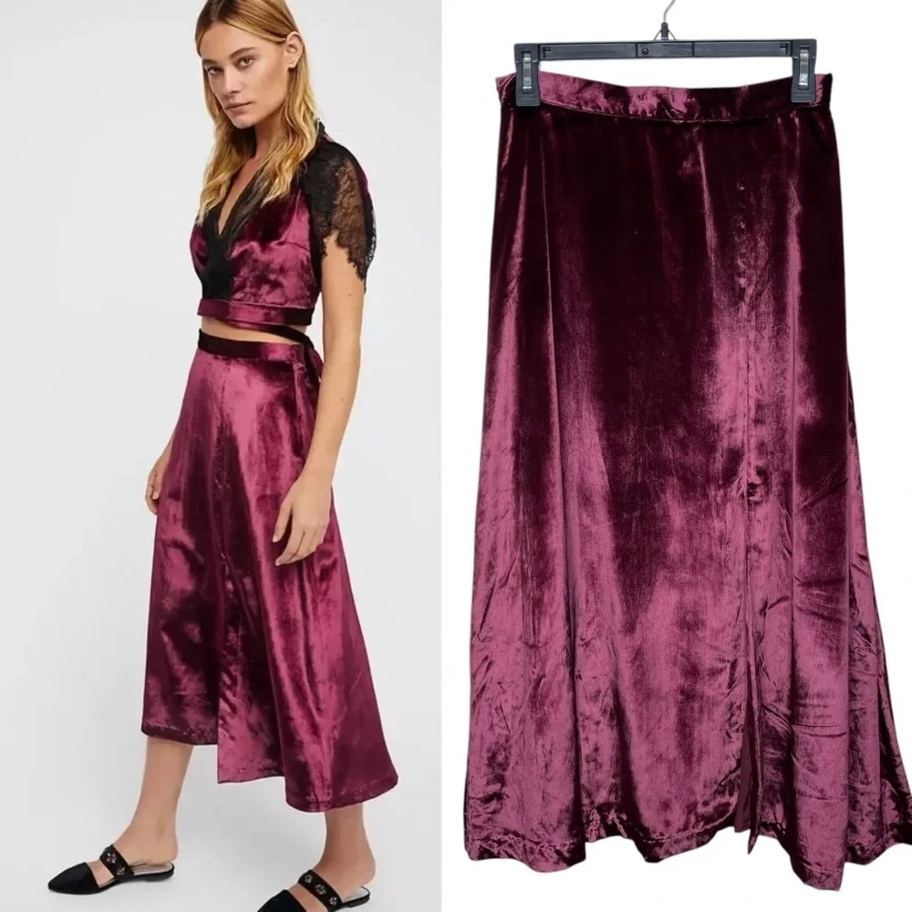 Free People‎ Velvet Party Midi Skirt Front Slit Mulberry Burgundy